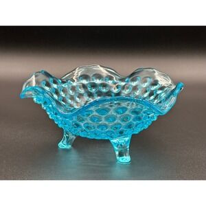 Blue Glass Hobnail Trifooted Rose Bowl 6in Ruffled Edge Vintage Aqua Candy Dish